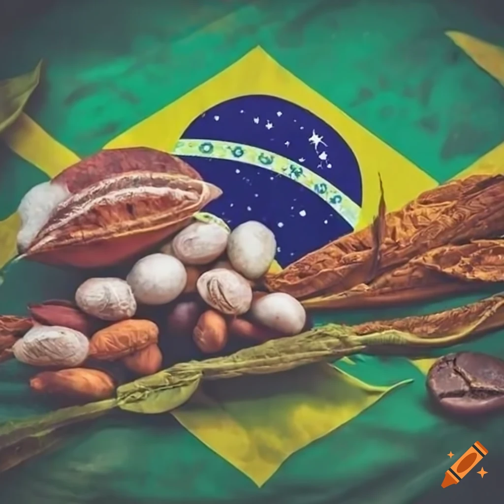 Arrangement of coffee beans, cotton bolls, cacao pods, sugar cane, and tobacco leaves on a Brazilian flag backdrop