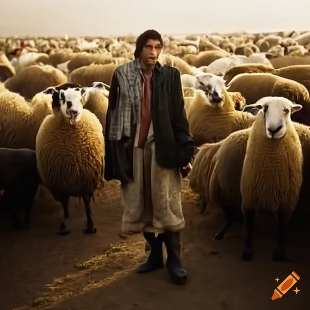 Man herding sheep and goats