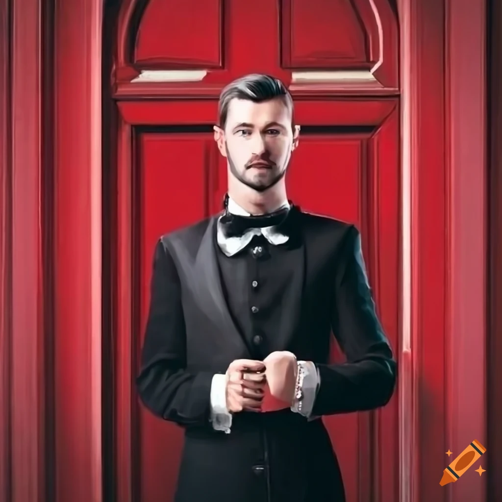 Butler standing in front of a red open door