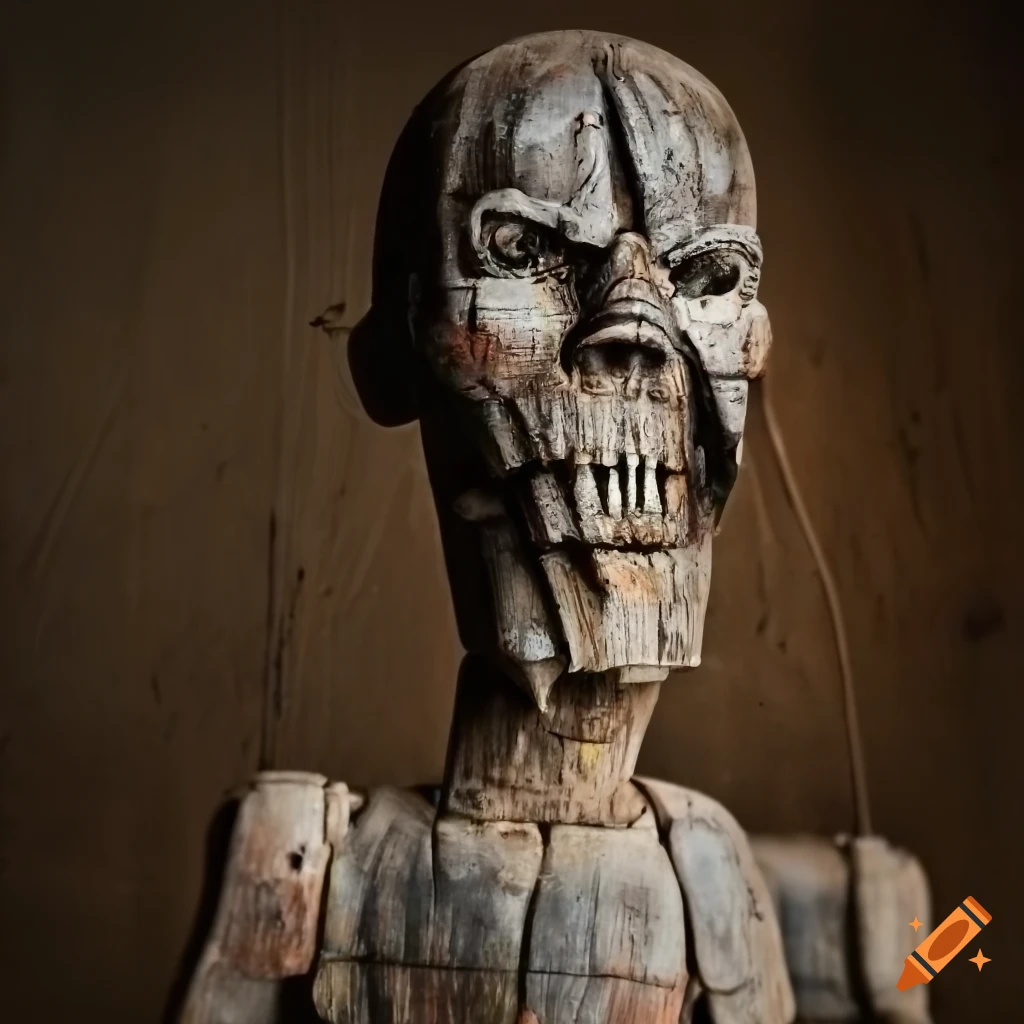 Creepy rustic wooden figure with Giger-inspired painting