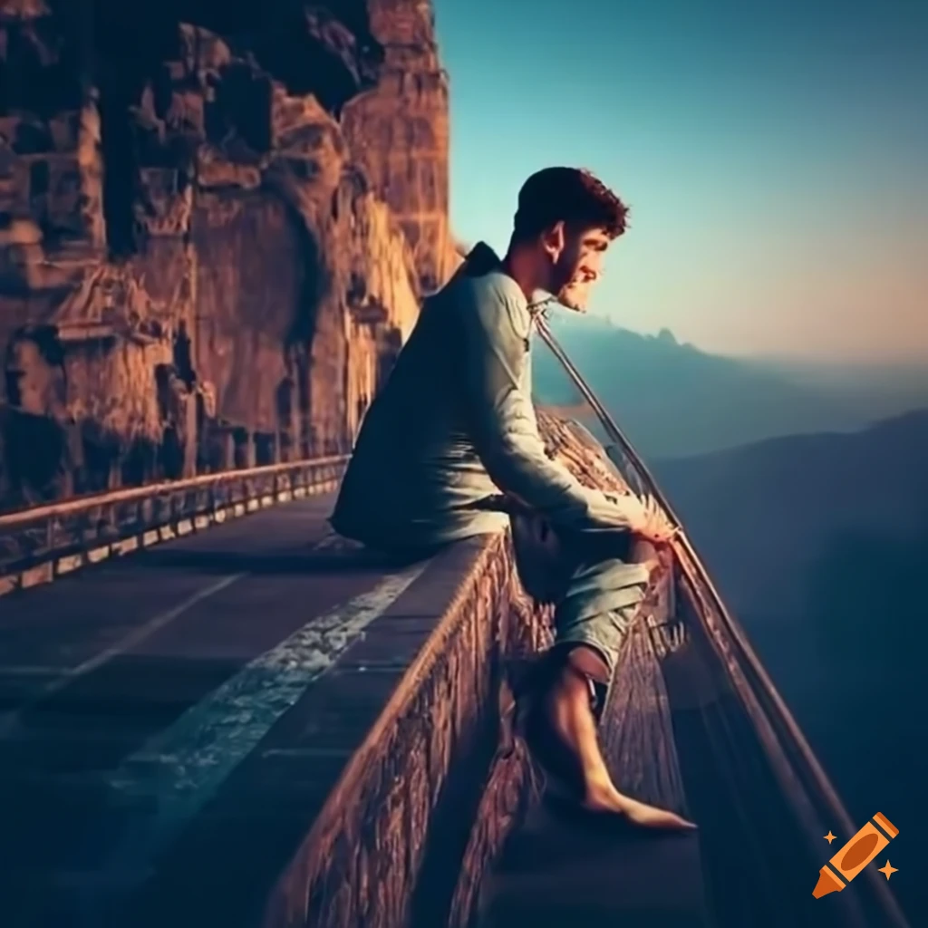 Male model sitting on a bridge above a highway