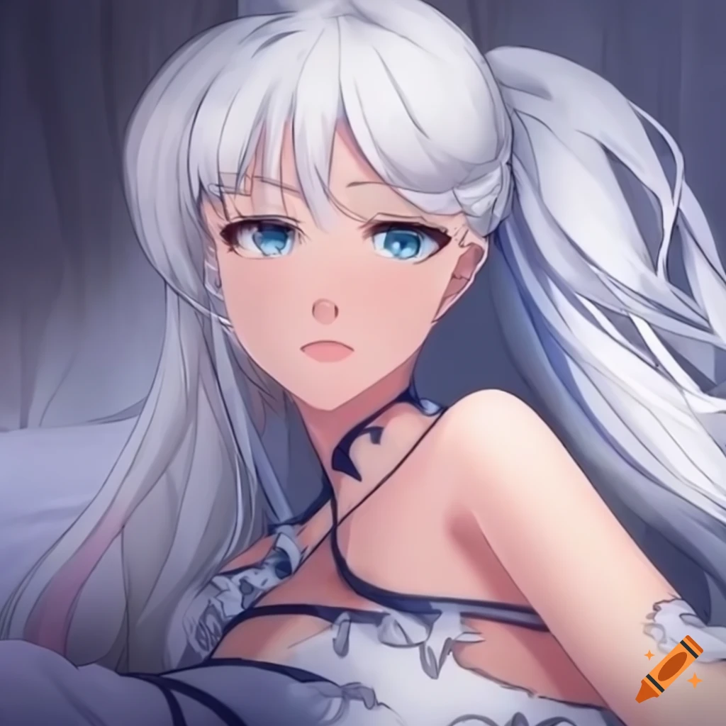 Anime character Weiss Schnee grooming her radiant hair in a cozy room
