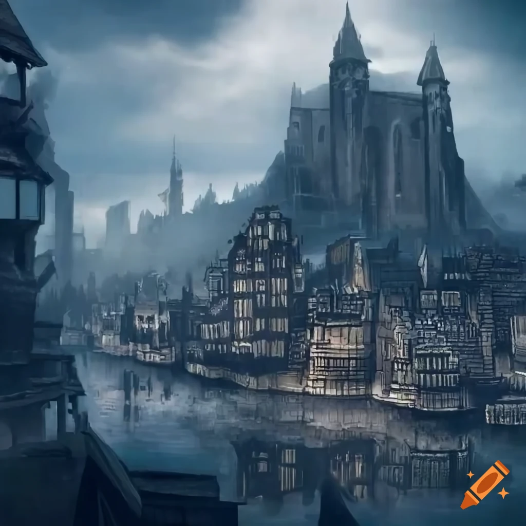 Realistic blueprint of a large fantasy city with multiple districts