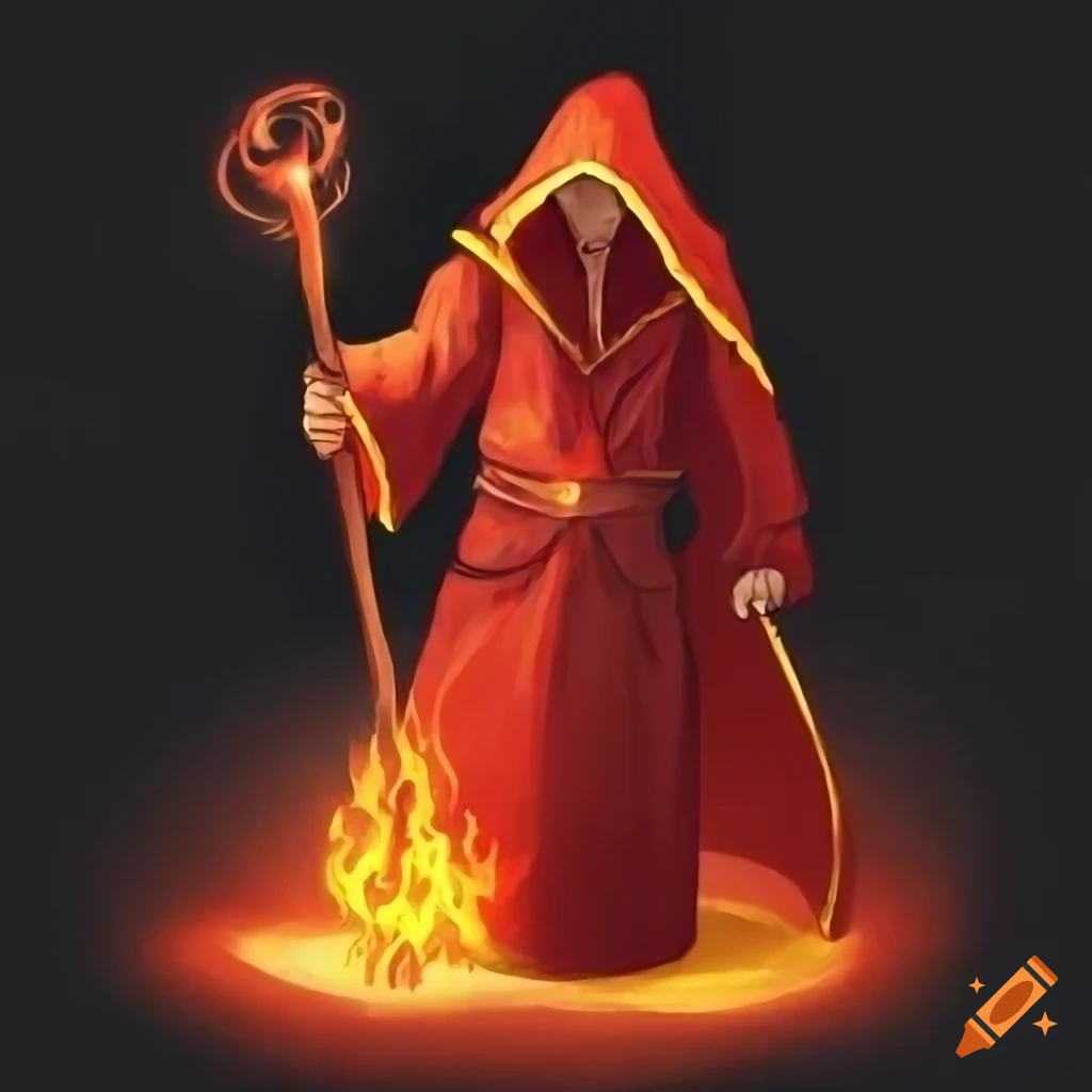 Fire wizard with sorcerer's hat, fire staff, and cloak in red shades