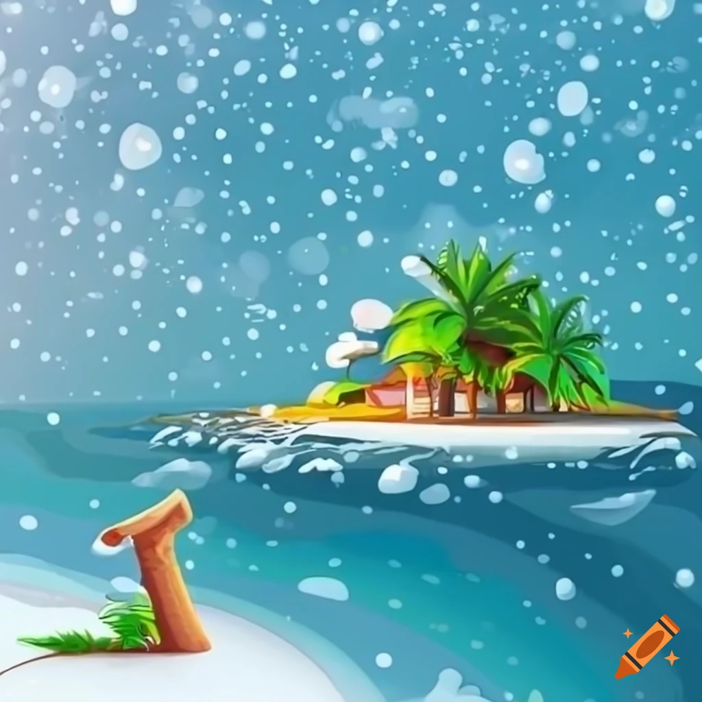 Tropical island with snow-covered piano in a cartoon style
