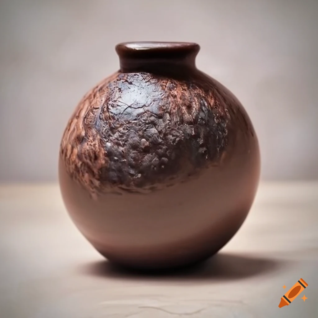 Rustic round clay jar with dark salt ash glaze, inspired by planet Jupiter