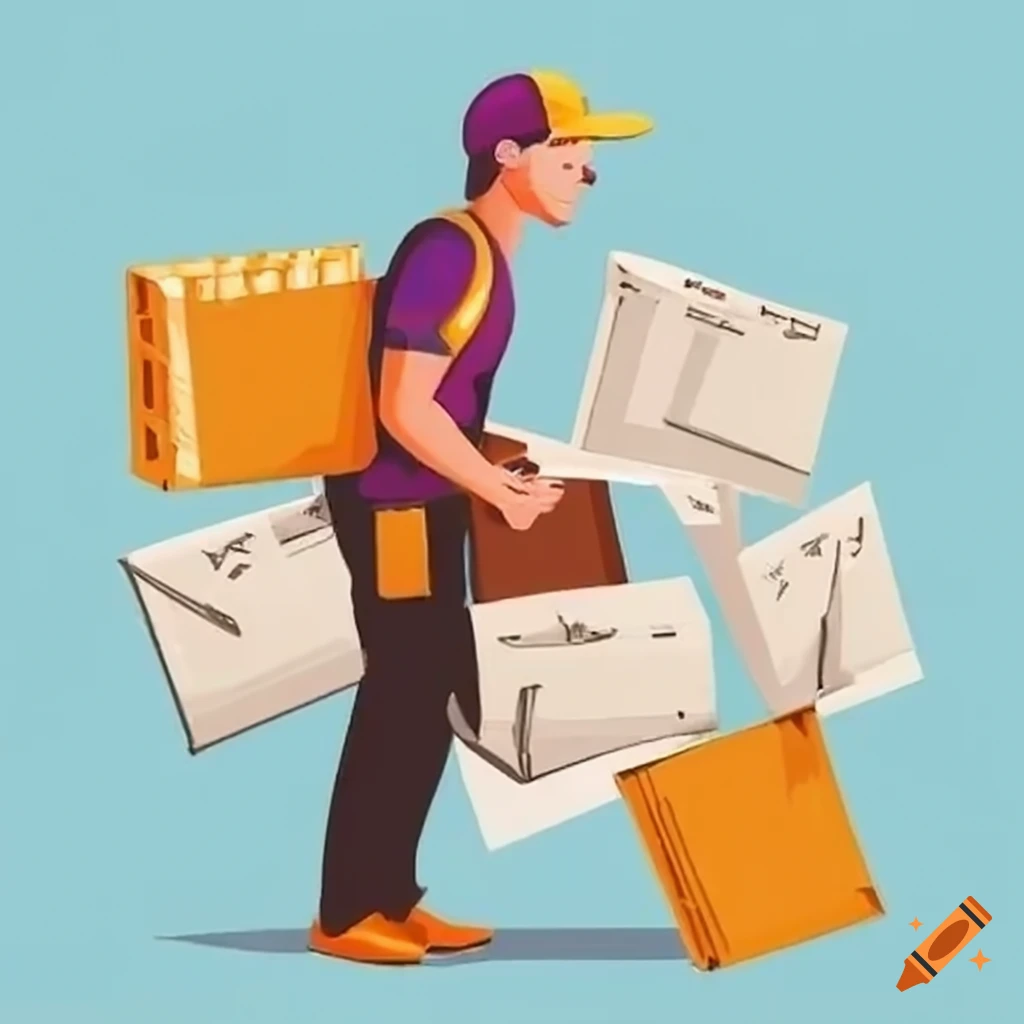 Postal worker delivering mail with organized stacks of letters and packages