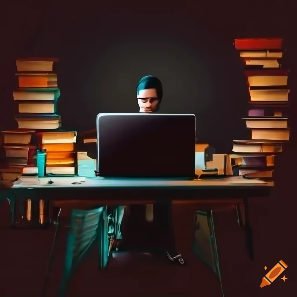 Developer's desk with laptop showing code surrounded by books on software development
