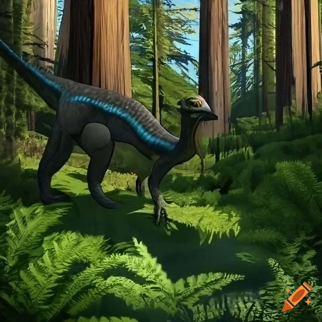Hypsilophodon dinosaurs in a redwood forest with goshawk-like color patterns