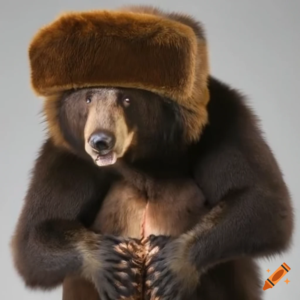 Wild bear wearing a fur hat