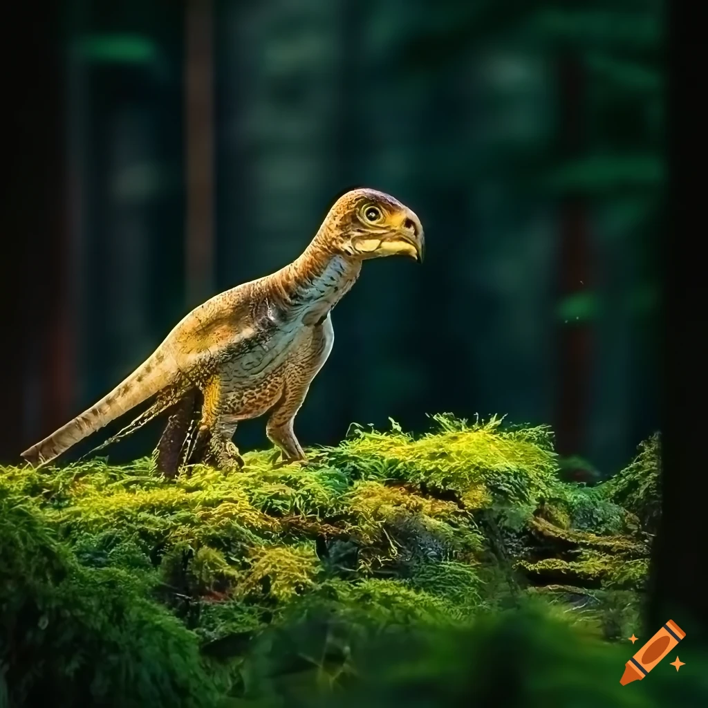 Hypsilophodon dinosaurs with goshawk-like color pattern on a mossy branch in a cedar forest