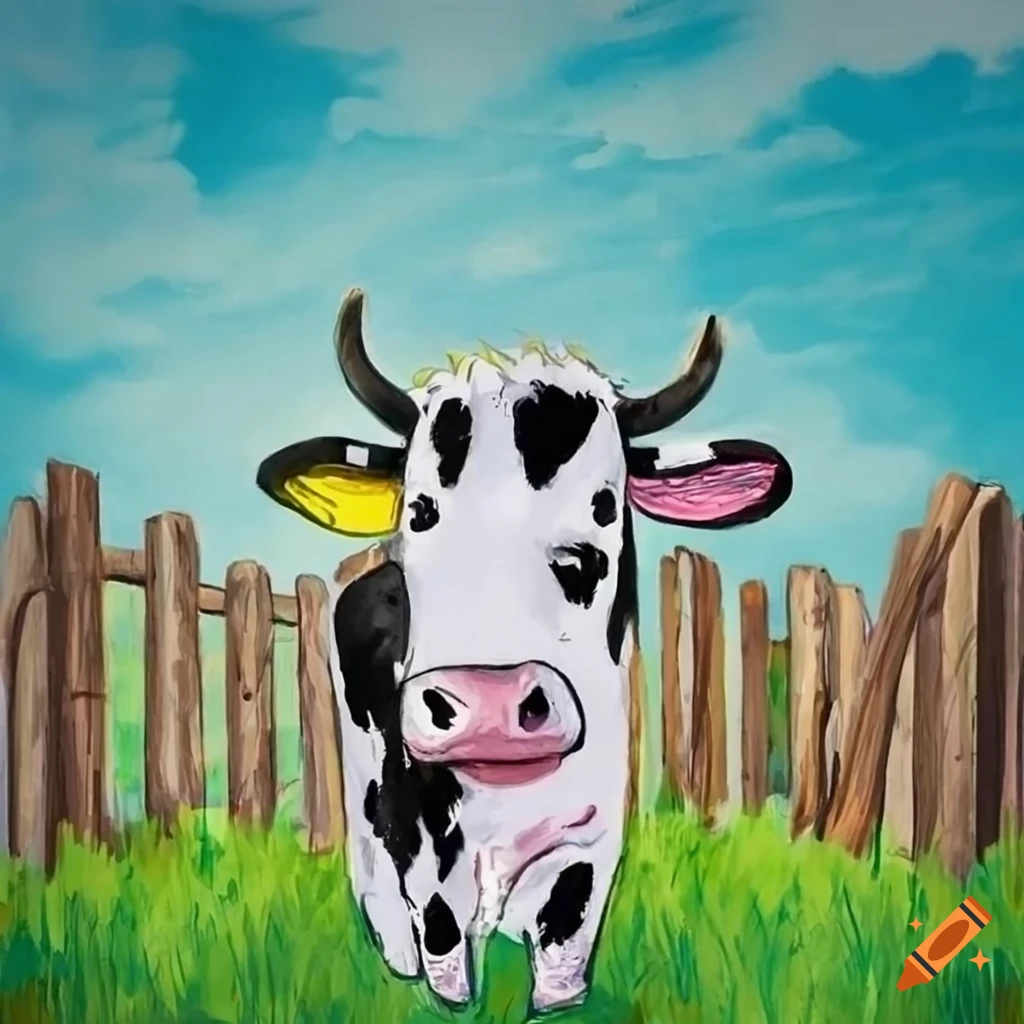 Child's drawing of a black and white cow by a wooden fence under clear blue skies