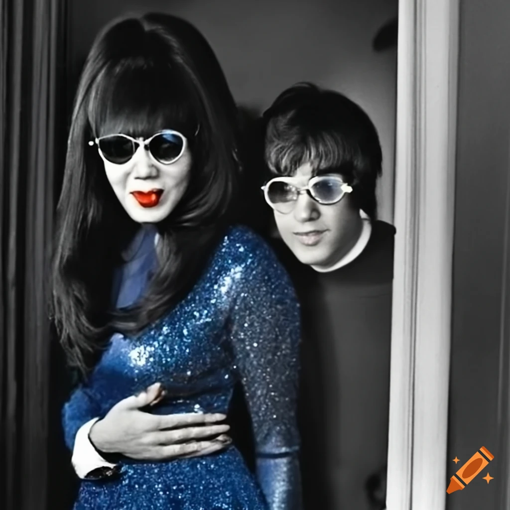 Ronnie Spector and young John Lennon in 60s style overlooking Paris