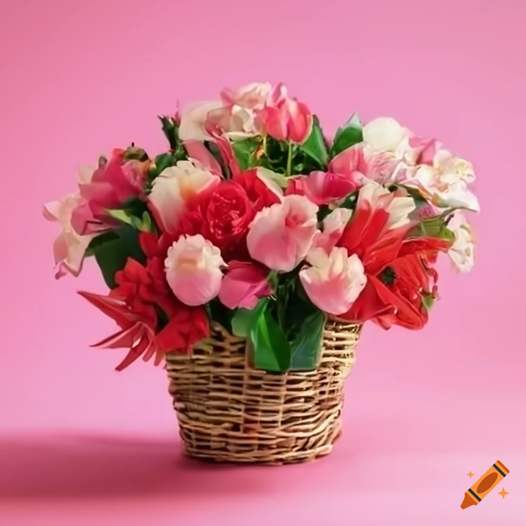 Red and pink flowers in a basket