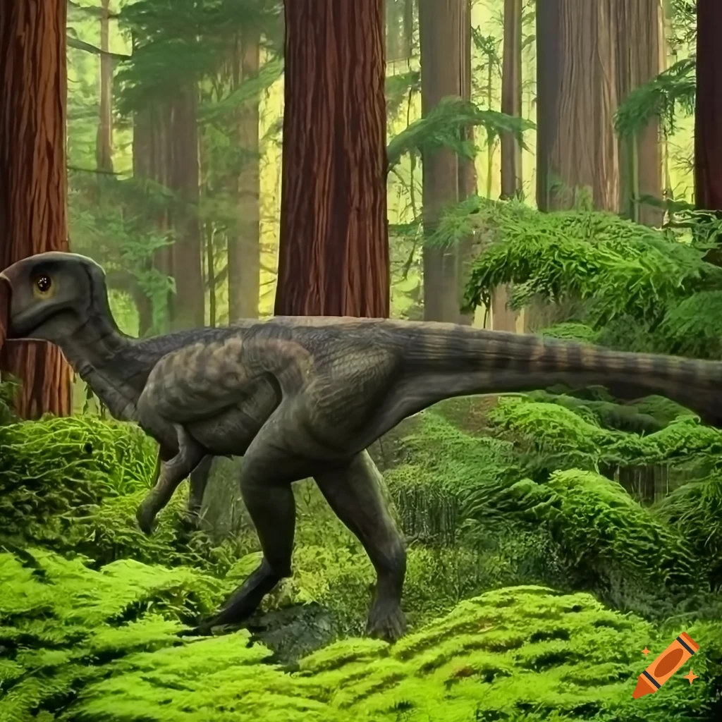 Hypsilophodon dinosaurs in a cedar forest under morning light