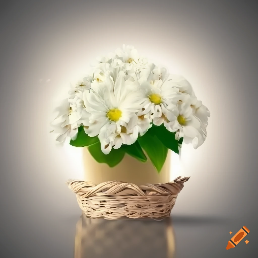 White flowers in a basket with a clear and bright appearance