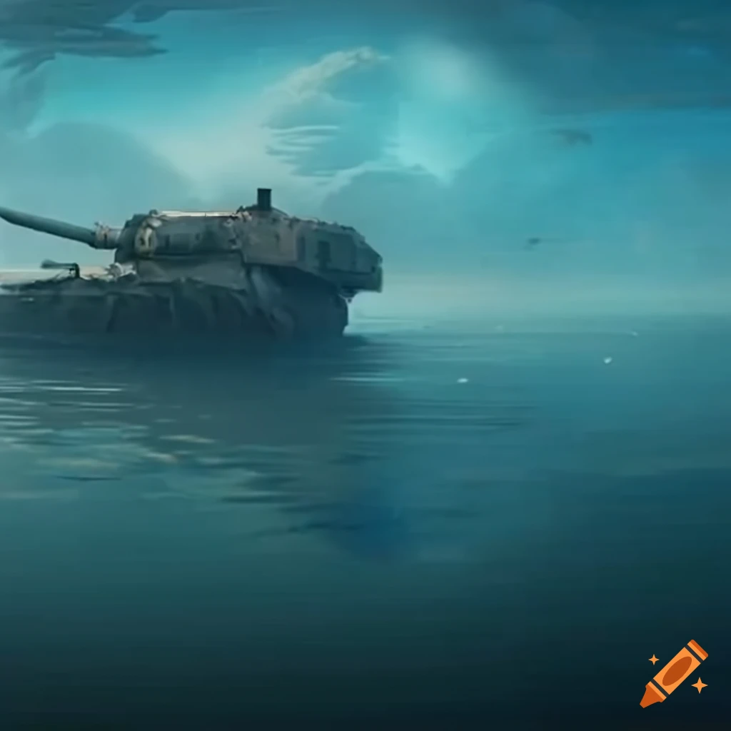 Panoramic view of submerged battle tanks on a water-covered plain under a blue sky