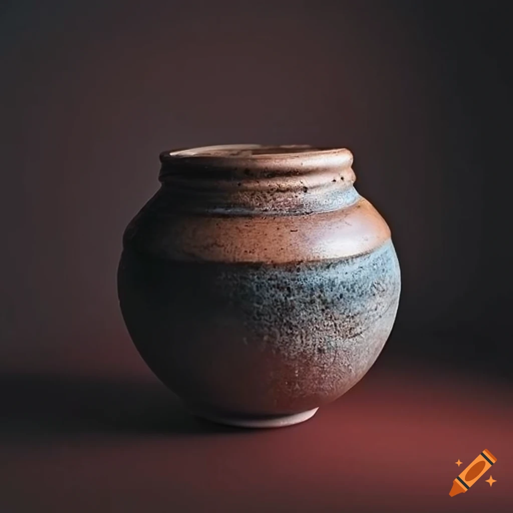 Rustic round clay storage jar with dark salt ash glaze resembling planet Jupiter
