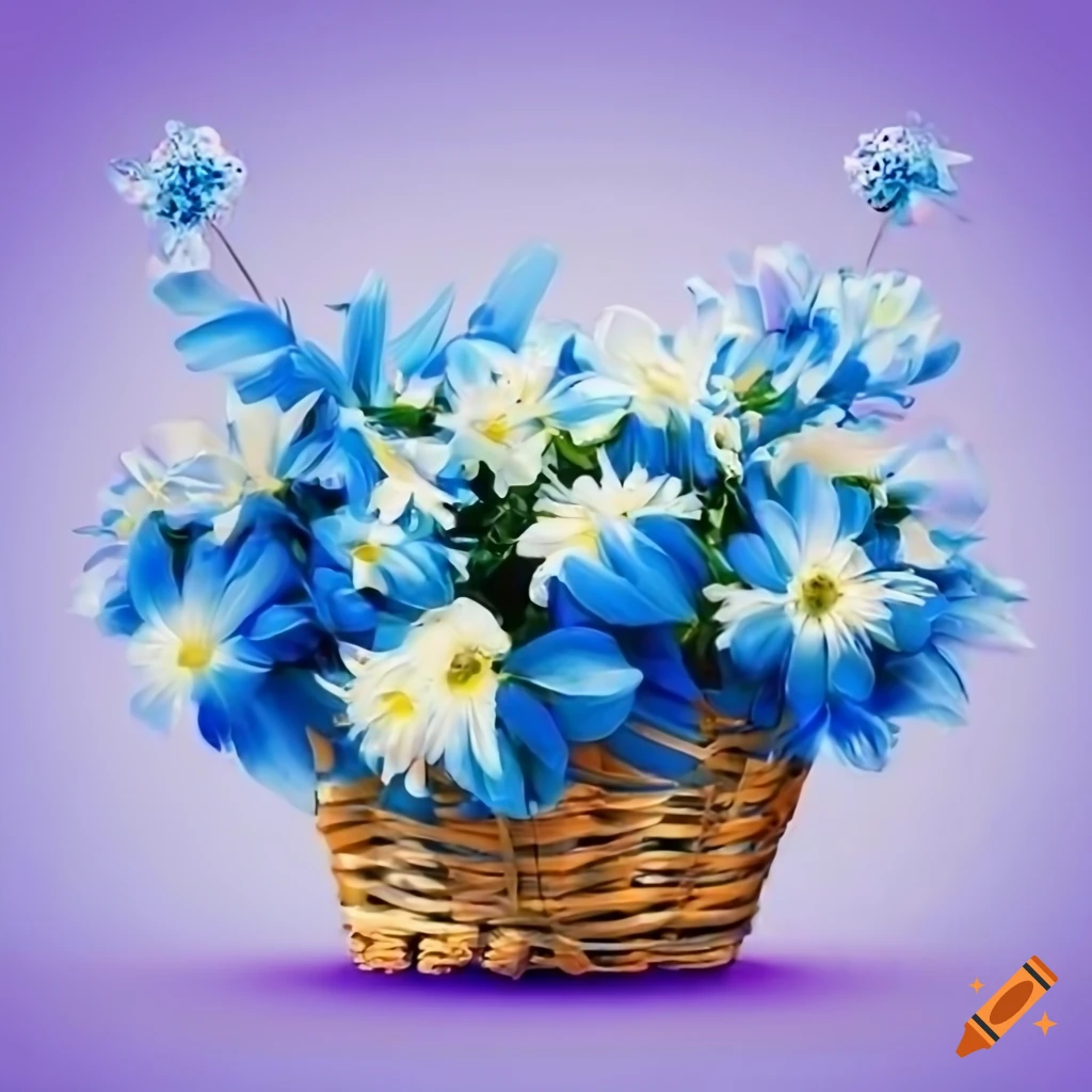 Blue and white flowers in a basket