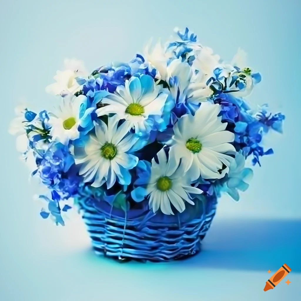 Blue and white flowers in a basket