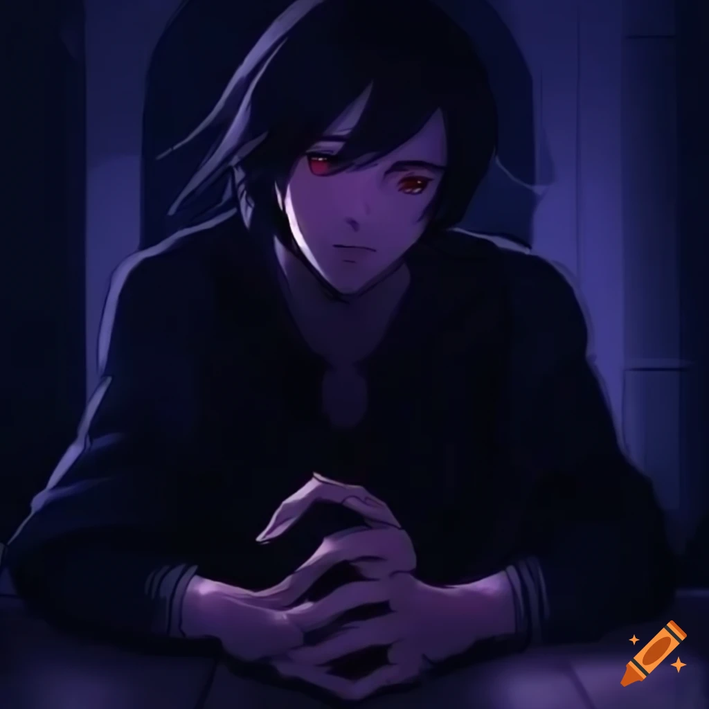 Dark-haired anime man sitting in dimly lit room