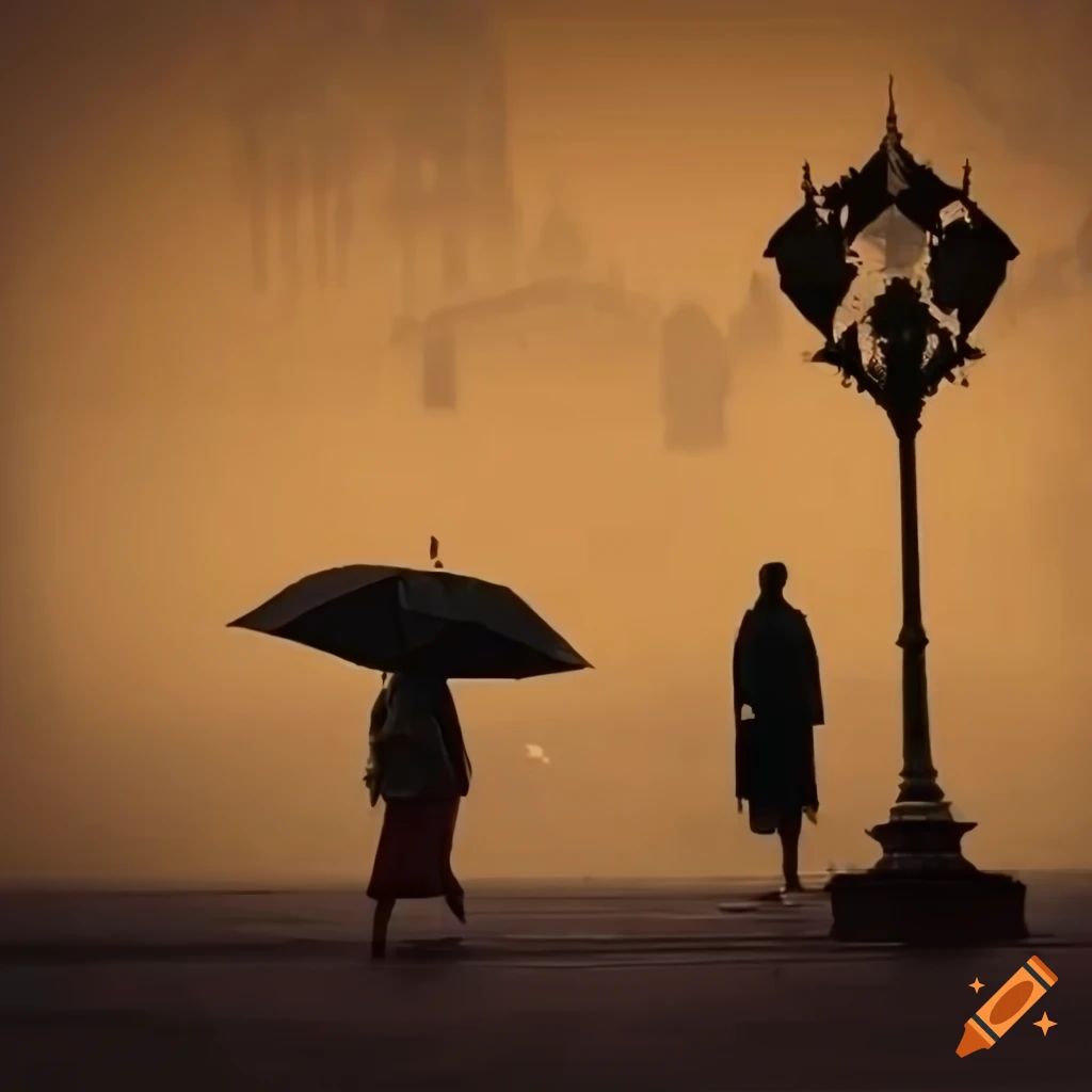 Couple walking with an umbrella on a rainy afternoon near Mandalay Palace