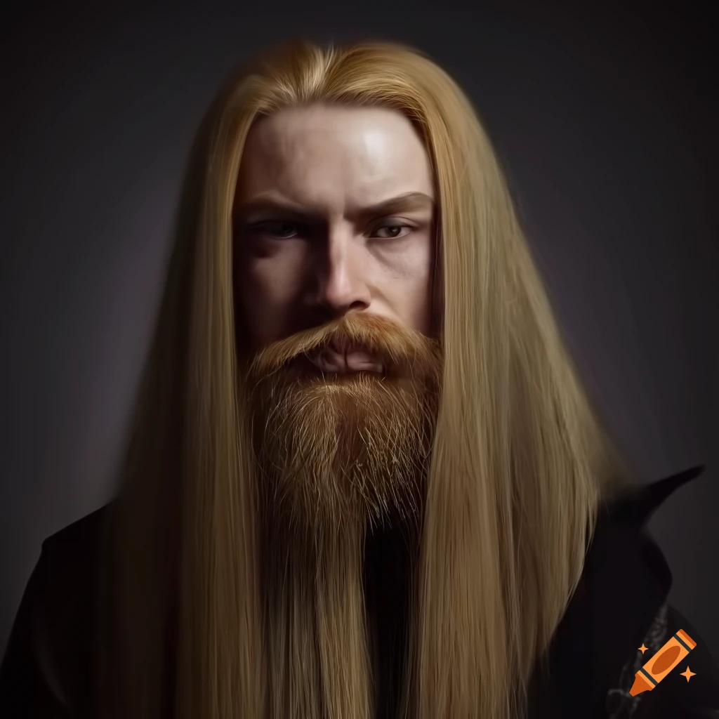 Male wizard with golden hair and beard in black attire and white eyes