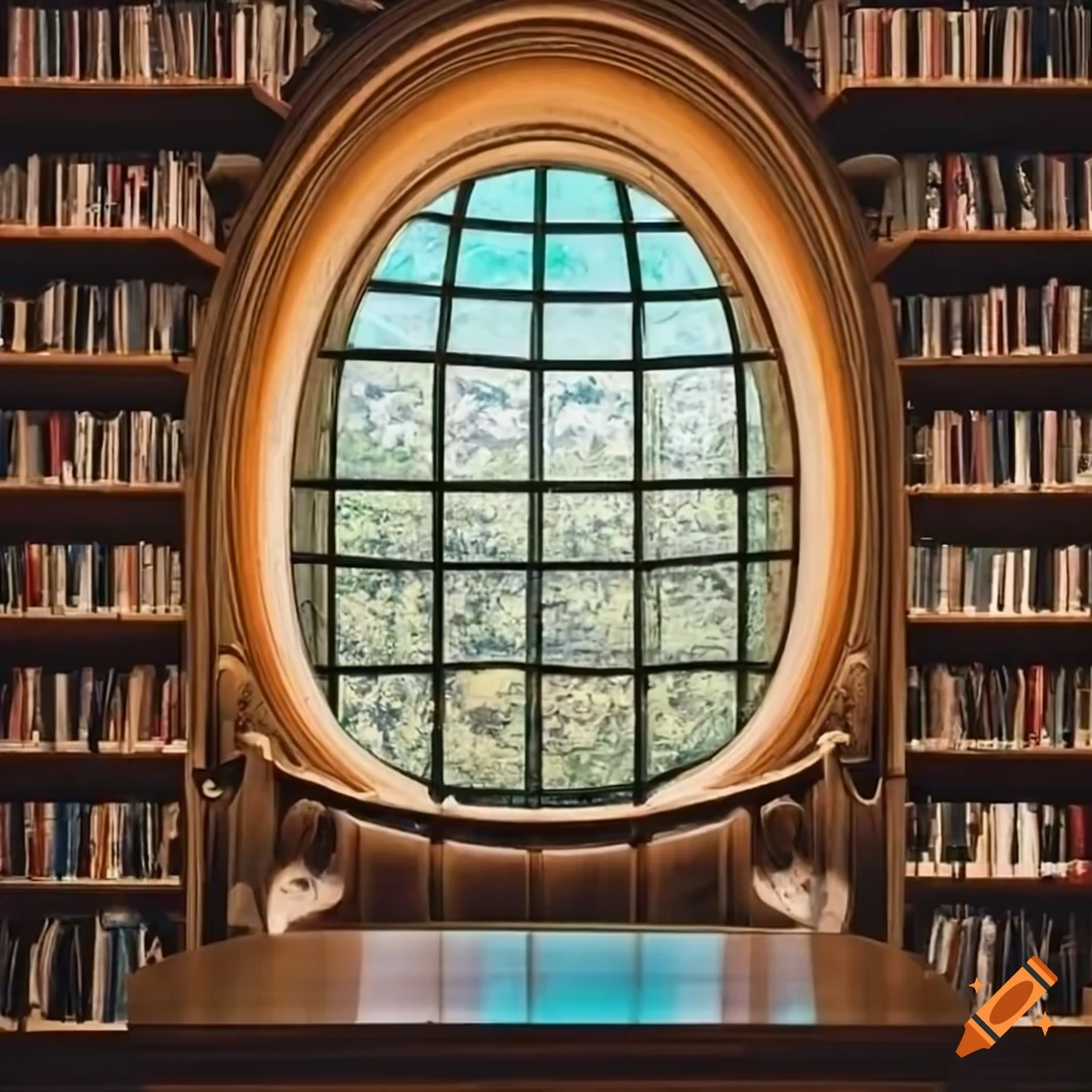Library room with a large oval window overlooking a forest on Craiyon