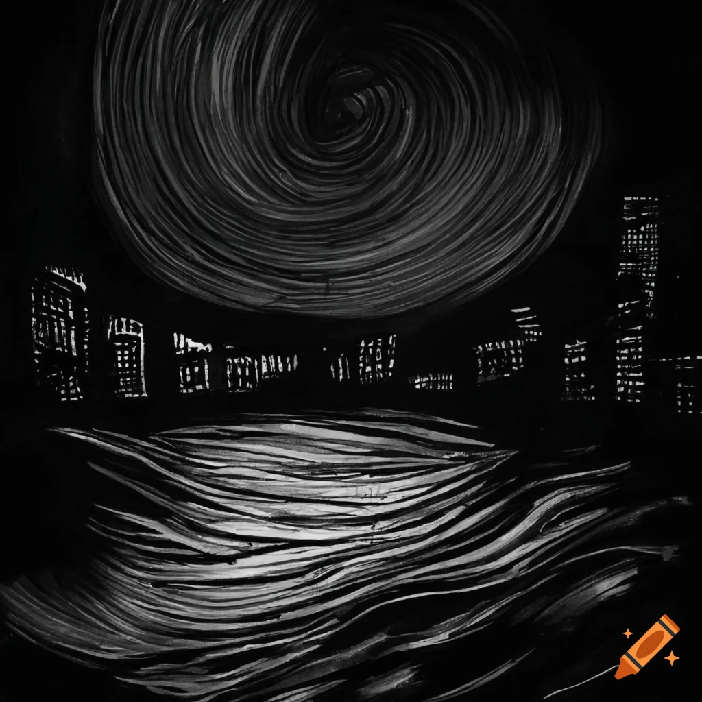 Night city surfing in minimalist ink drawing