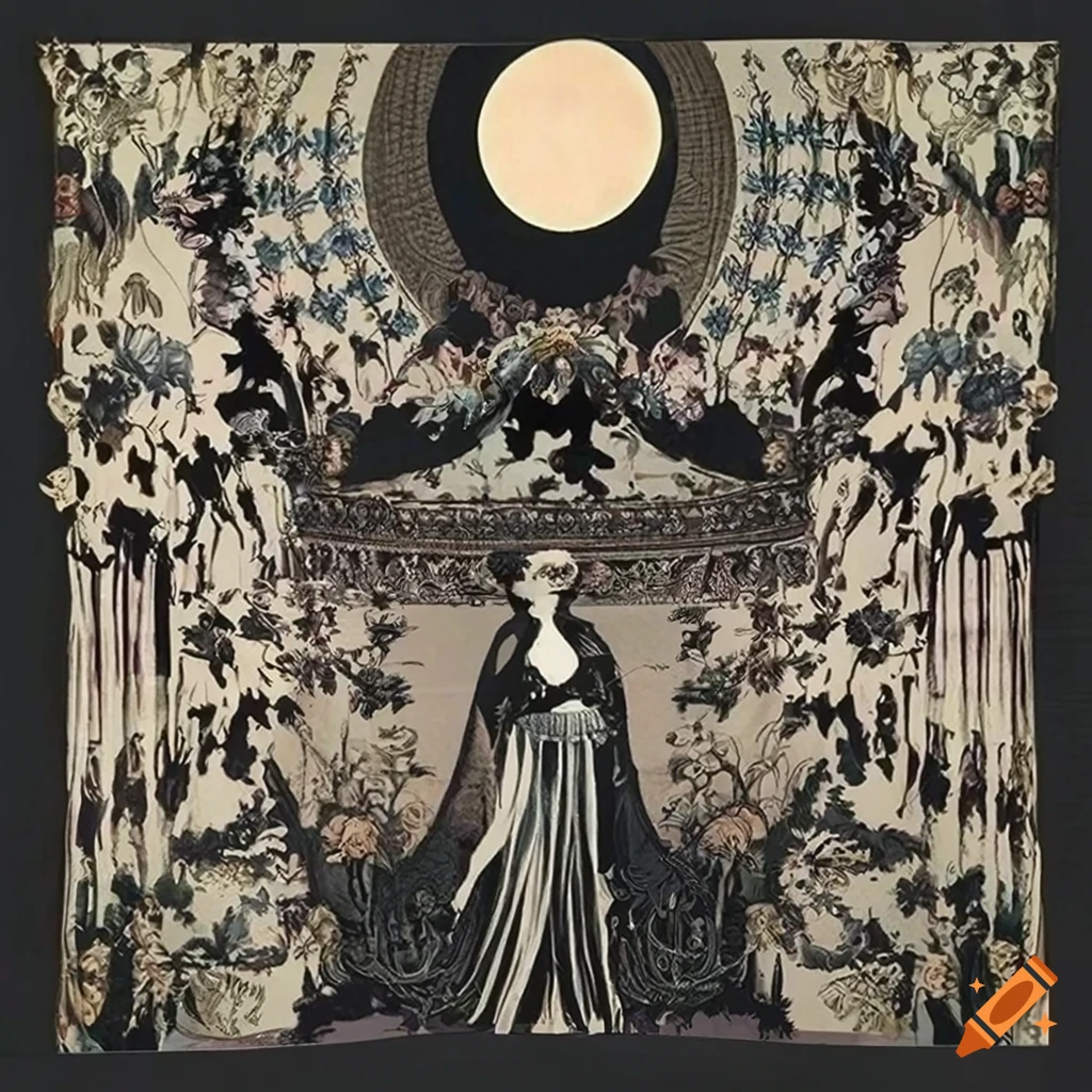 Art Nouveau style tapestry design featuring a woman with a moon-shaped head and long flowing dress