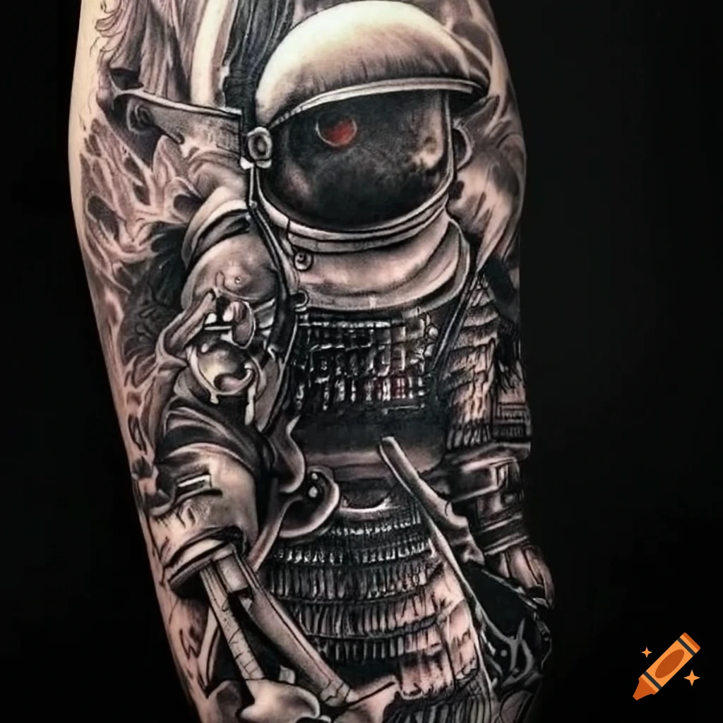 Astronaut tattoo with samurai sword