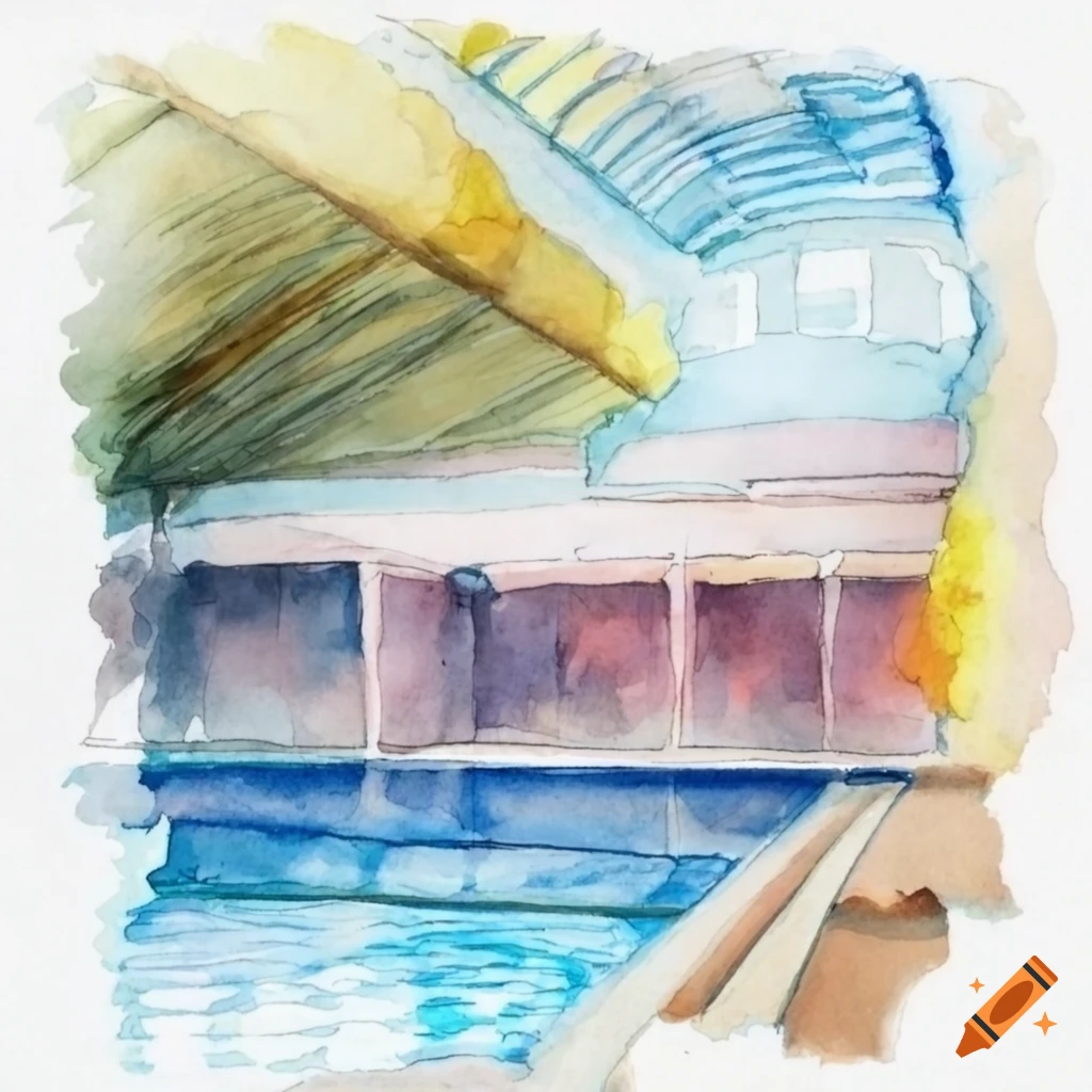 Watercolor painting of indoor pools with white border