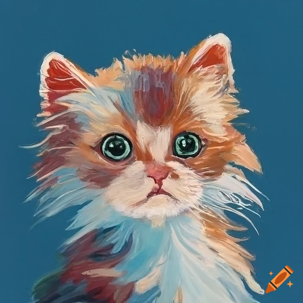 Acrylic art nouveau painting of a tiny kitten in a blue room with a balancing strawberry