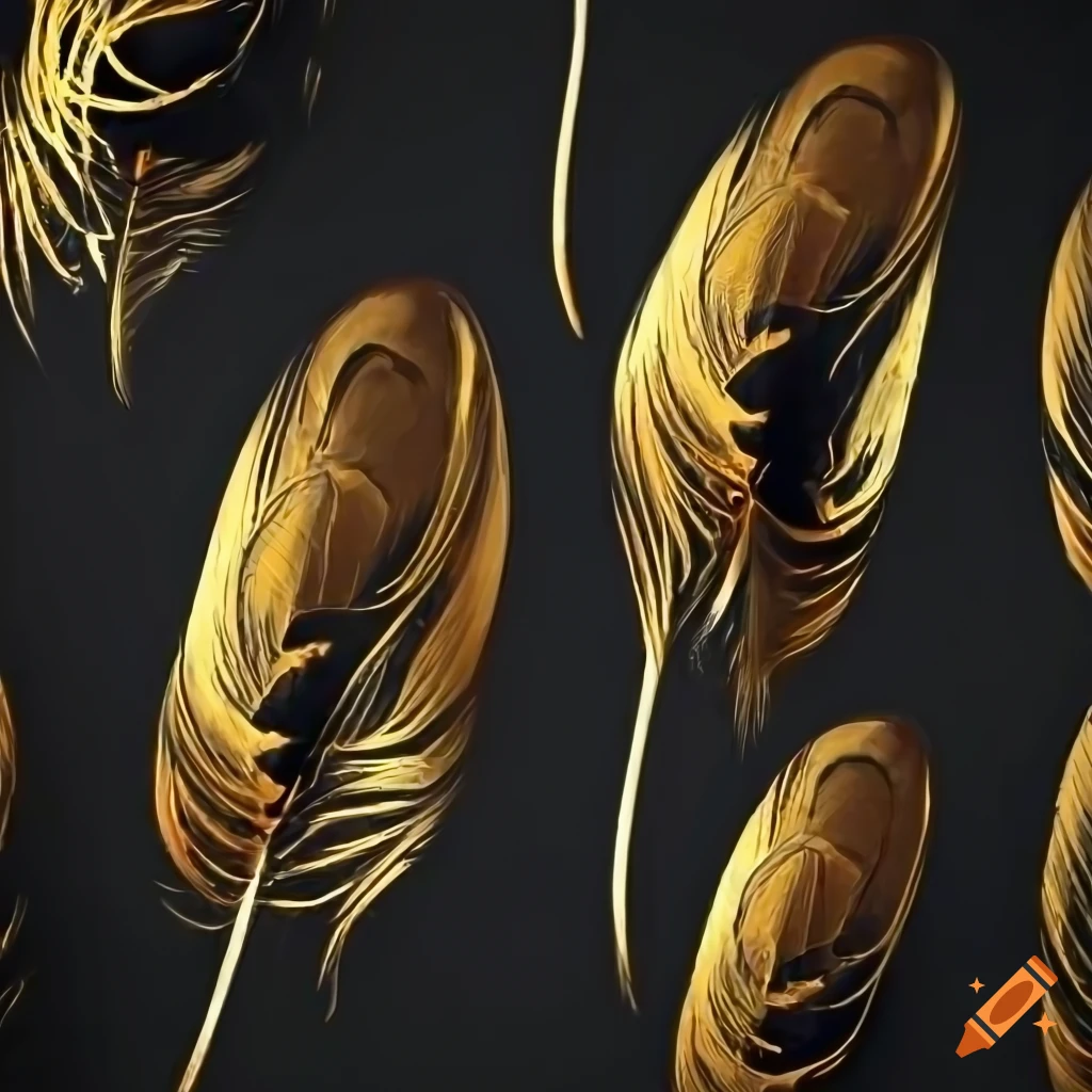 Gold and black wispy feathers overlapping on black painted texture