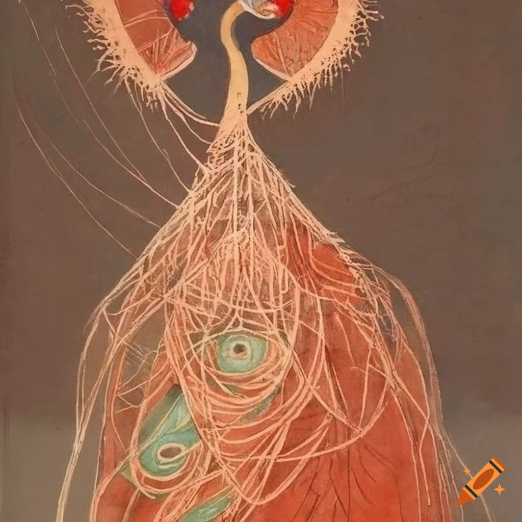 Abstract stringed peacock glowing on a table with ethereal ephemerality