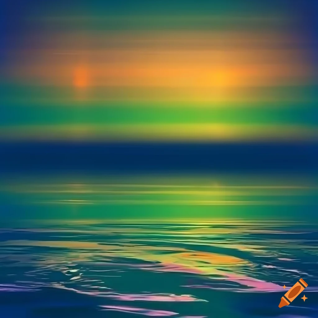 Intense abstract sunset with blues, greens, and oranges reflected in ...