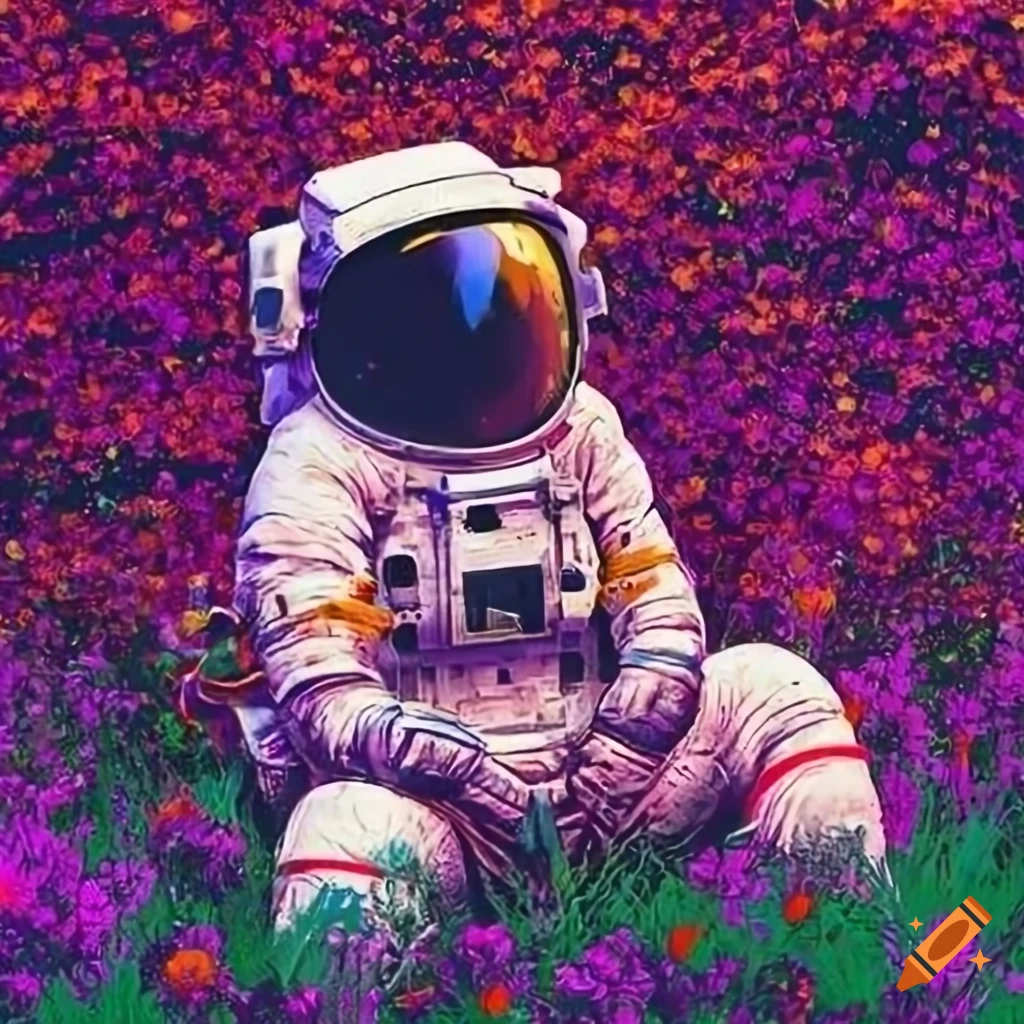 Astronaut in vibrant flower field with golden helmet visor