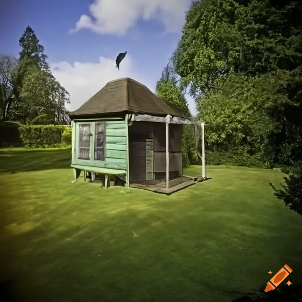 Summerhouse and square trampoline in a backyard