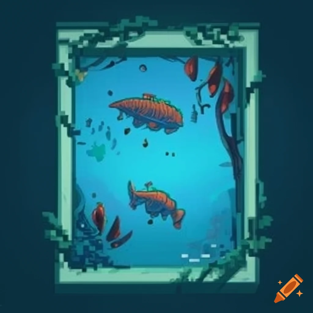 Eerie square picture frame with fishing rod and fish skeletons in pixel art style