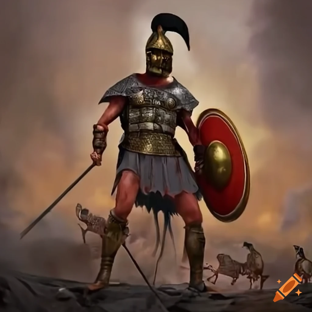 Ancient Greek warriors in full armor clashing on the battlefield in an epic scene