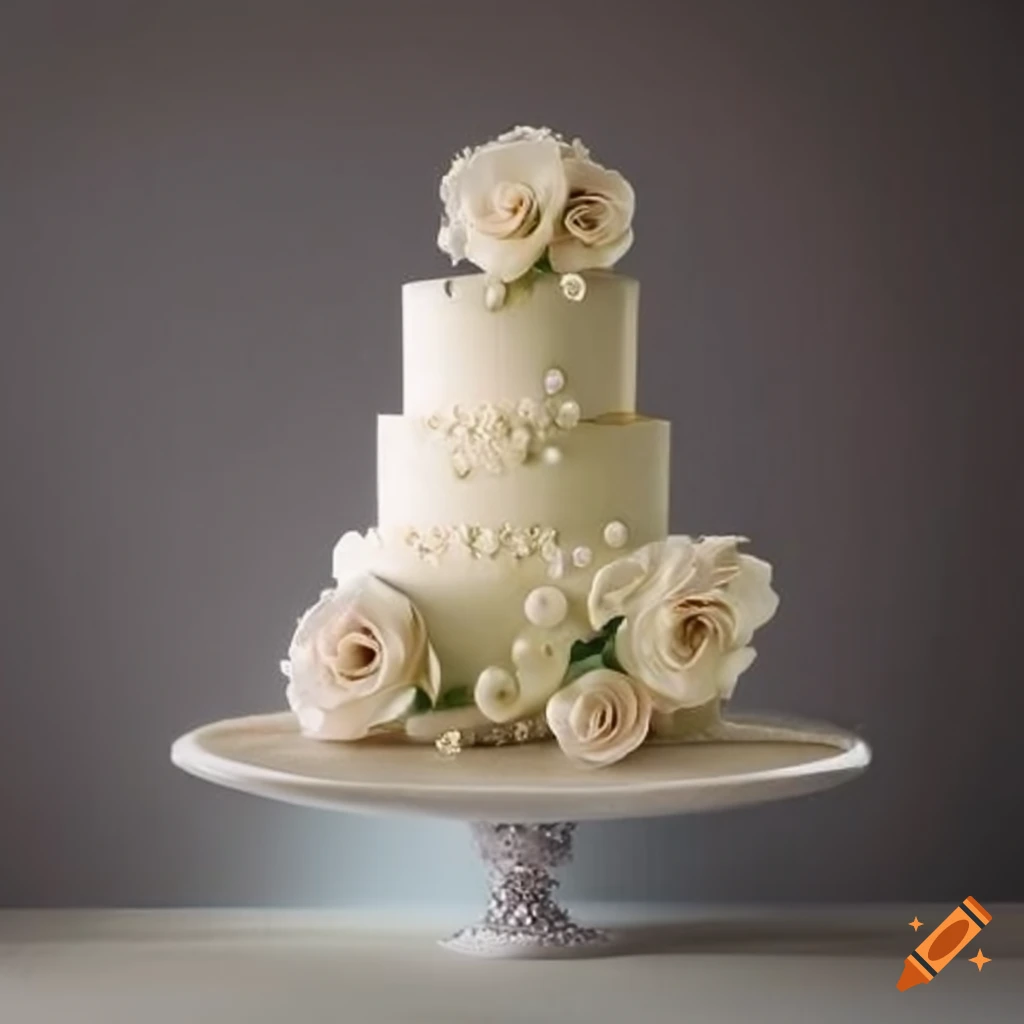Elegant three-tier wedding cake with sugar pearls and white flowers