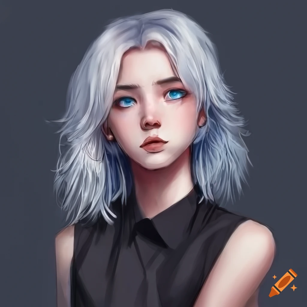 Tomboy girl with white hair, blue eyes, black outfit in a semi 