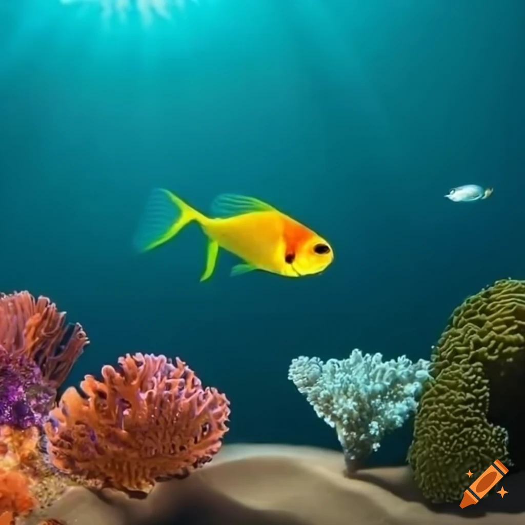Underwater scene with small fish, corals, and green plant on sand