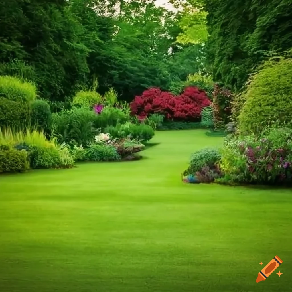 Ultra-realistic vibrant garden with a landscaper mowing the lawn