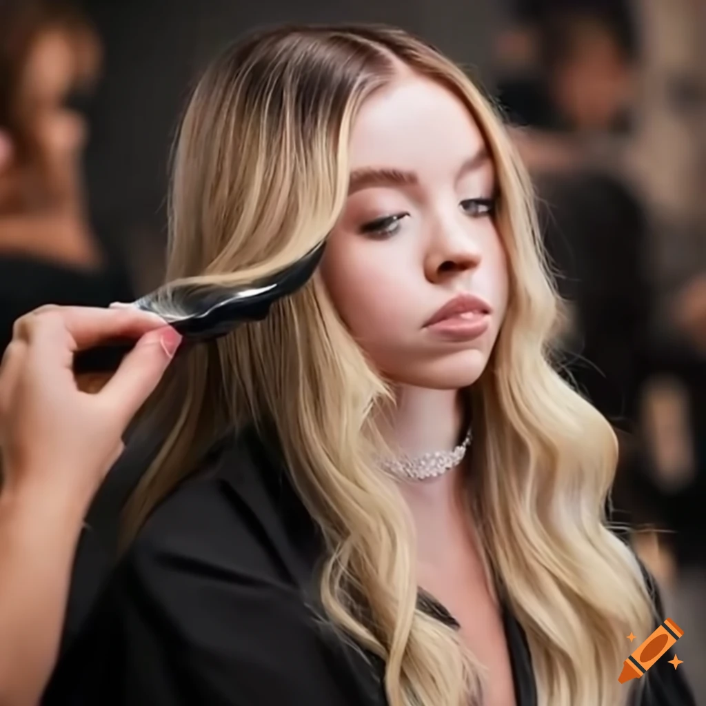 Hair dye being applied to long blonde hair at a salon