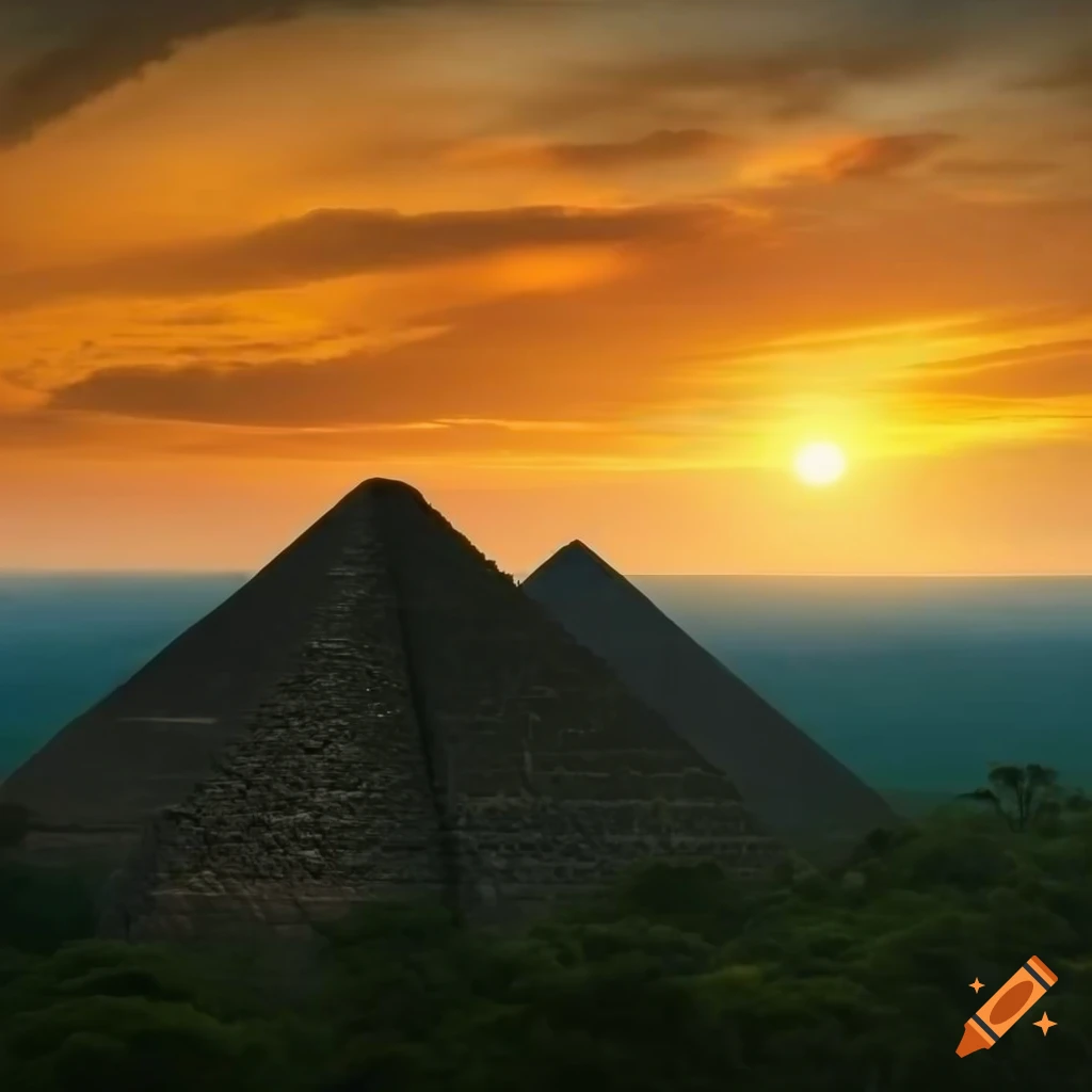 Sunset over middle American jungle with pre-Colombian pyramids
