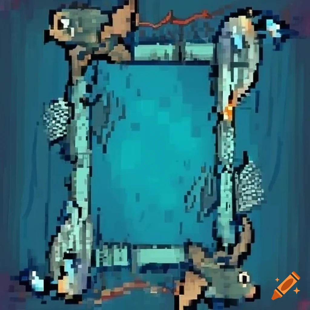 Eerie fishing-themed picture frame with fish skeletons in cartoon marine pixel art style