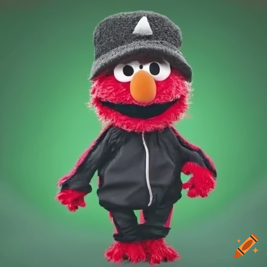 Elmo in black track suit and Kangol Hat in front of a Green Screen