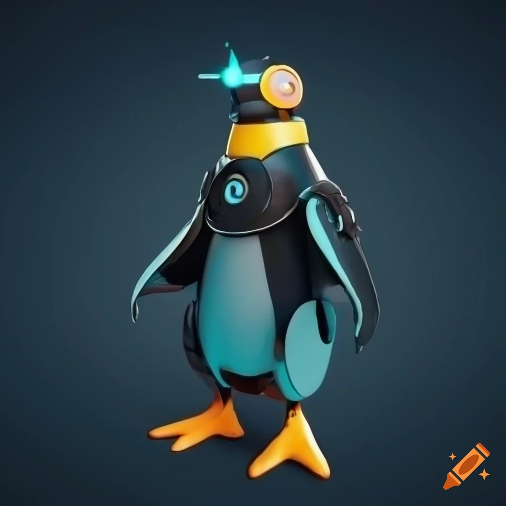Cutting-edge cyborg penguin in stylized 3D render