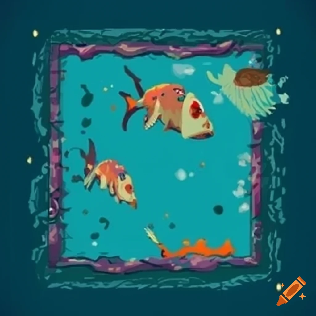 Eerie square picture frame with fishing rod and fish skeletons in blue marine pixel art style